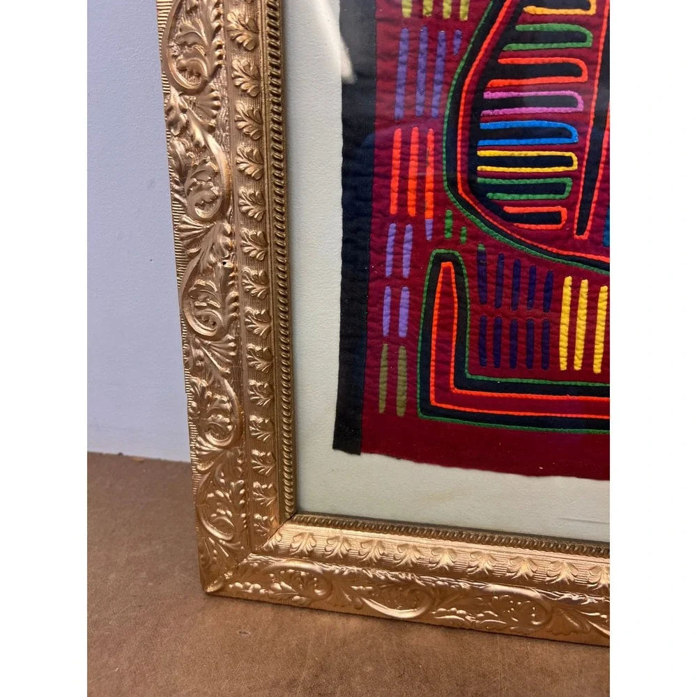 Vintage Cloth Tapestry Ornate Gold Gilt Framed Mola Kuna Textile Panama Folk Art